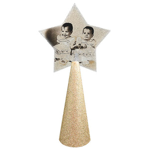 "Antique twins" sepia photo of twin toddlers custom christmas tree topper - star photo on gold glitter cone