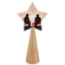Load image into Gallery viewer, &quot;sunset couple&quot; sample photo custom christmas tree topper - star photo on champagne gold glitter cone
