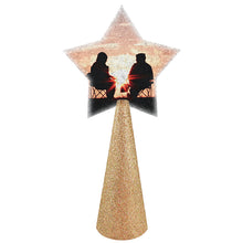 Load image into Gallery viewer, &quot;sunset couple&quot; sample photo custom christmas tree topper - star photo on champagne gold glitter cone

