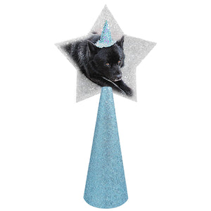 Black dog in a party hat custom christmas tree topper - star photo on ice blue glitter cone