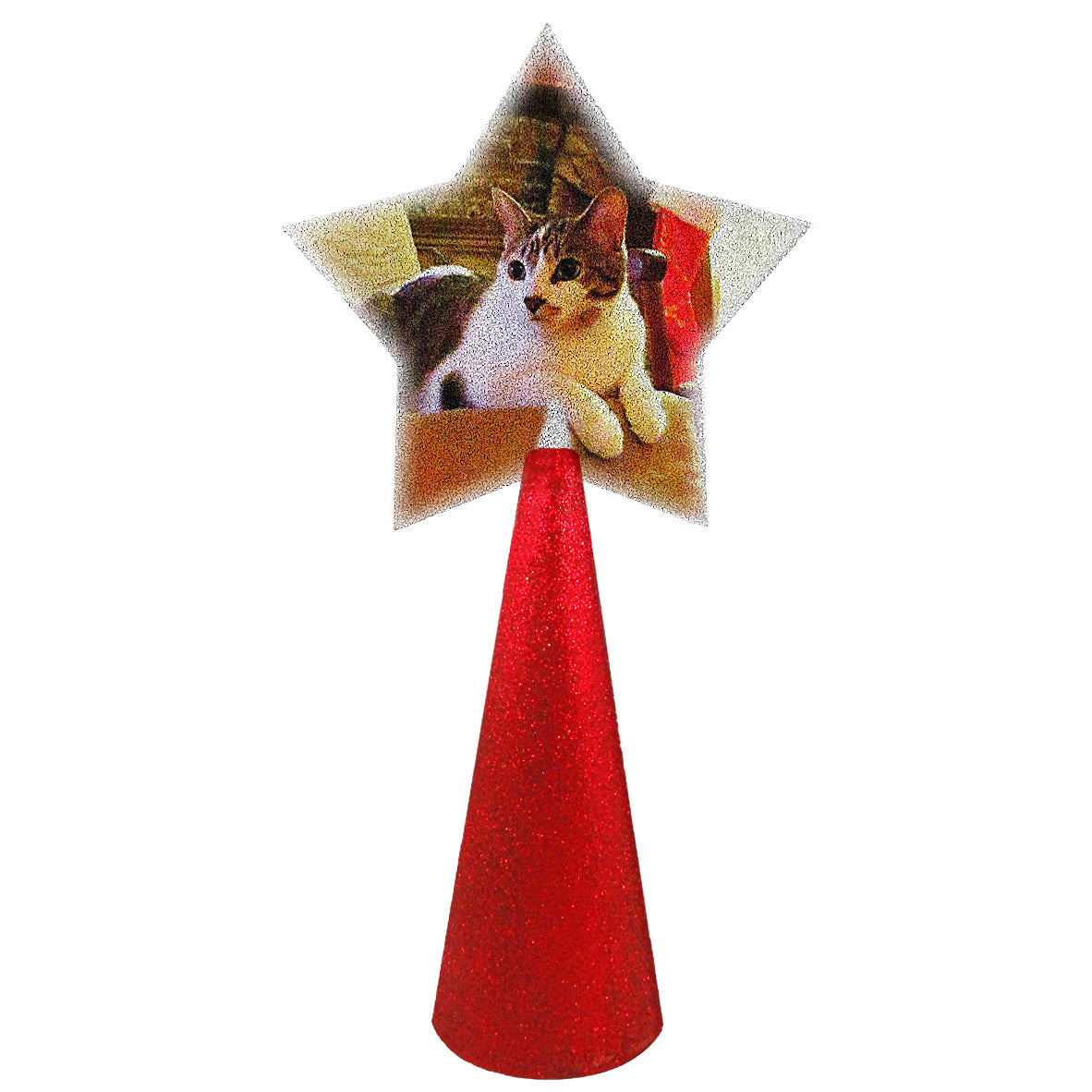 Cute cat custom christmas tree topper - star photo on red glitter cone
