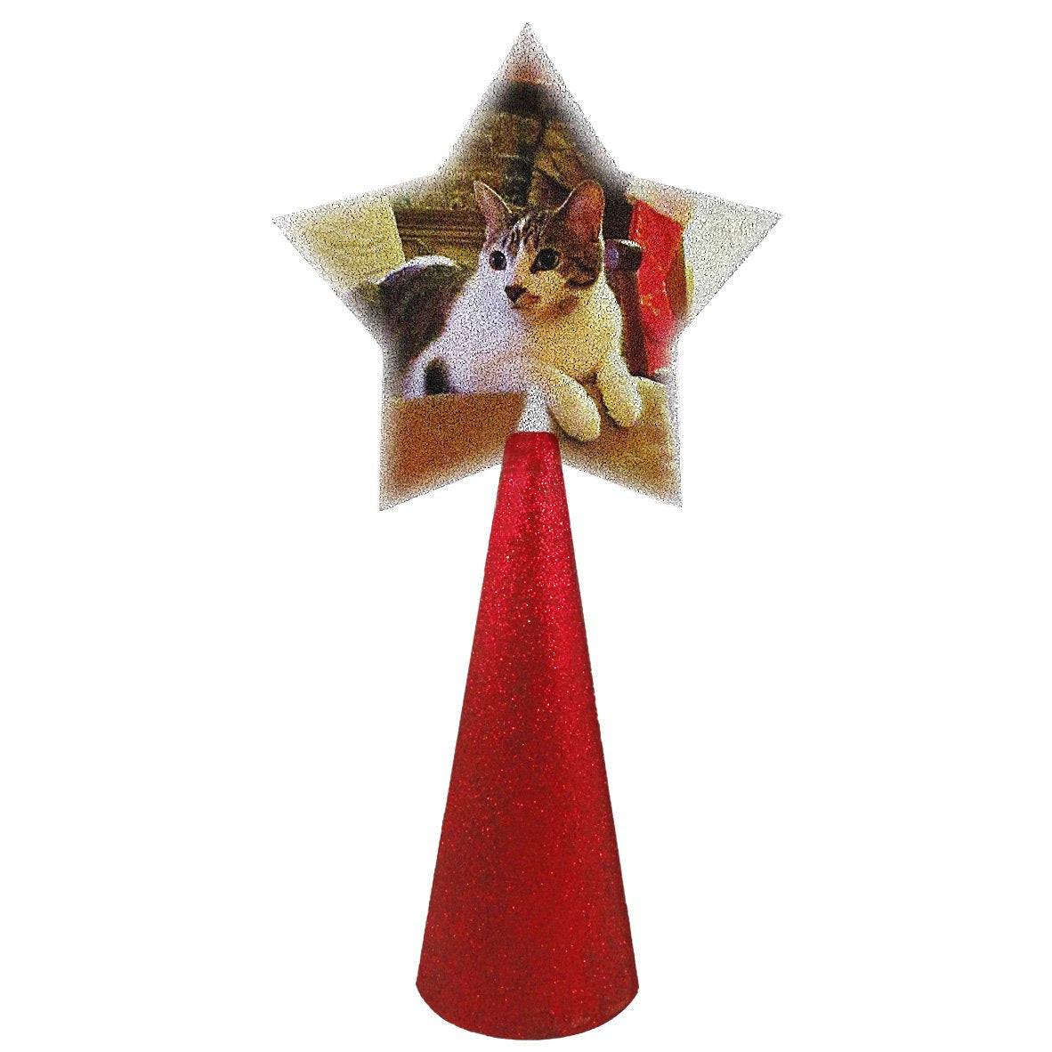 Cute cat custom christmas tree topper - star photo on red glitter cone - side 1 of double-sided