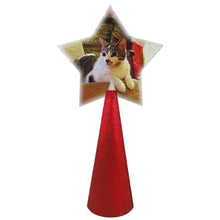 Load image into Gallery viewer, Cute cat custom christmas tree topper - star photo on red glitter cone - side 1 of double-sided
