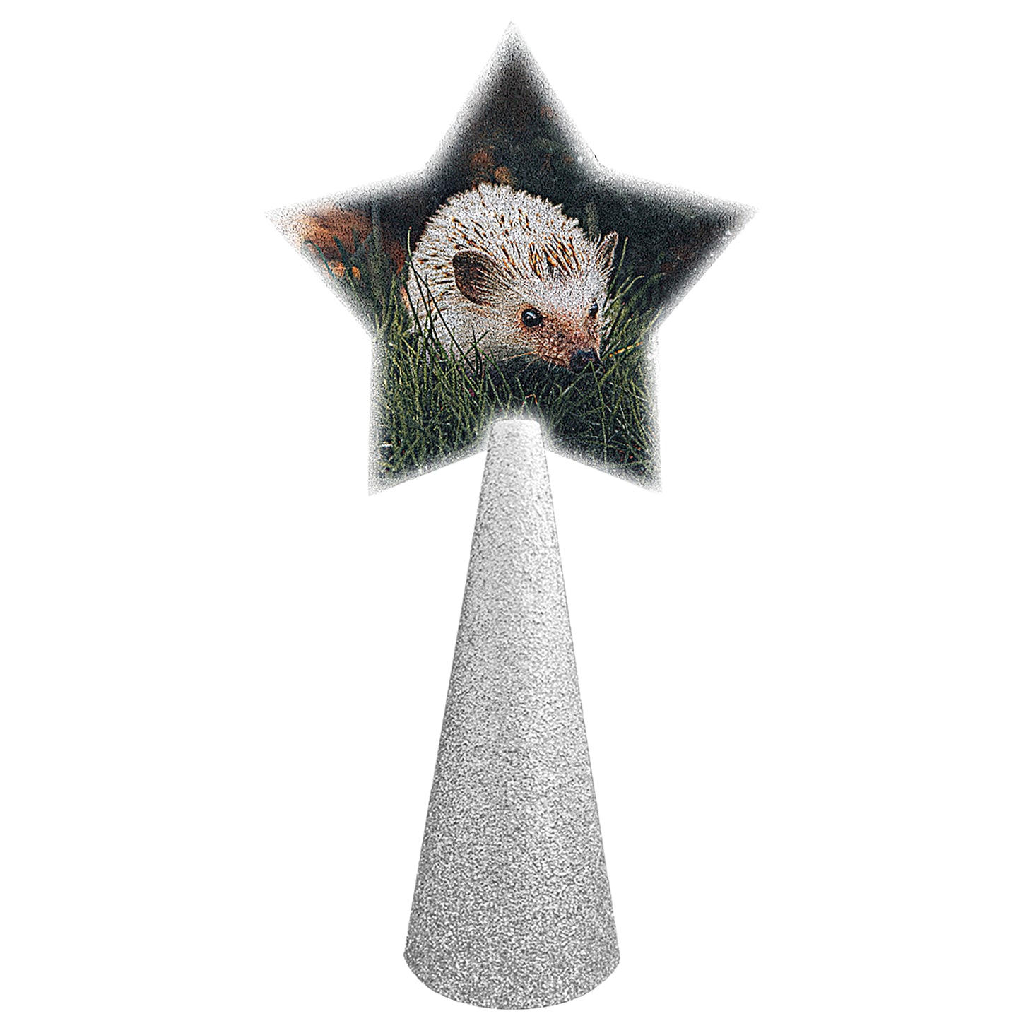 Cute hedgehog - sample custom christmas tree topper - star photo on silver glitter cone