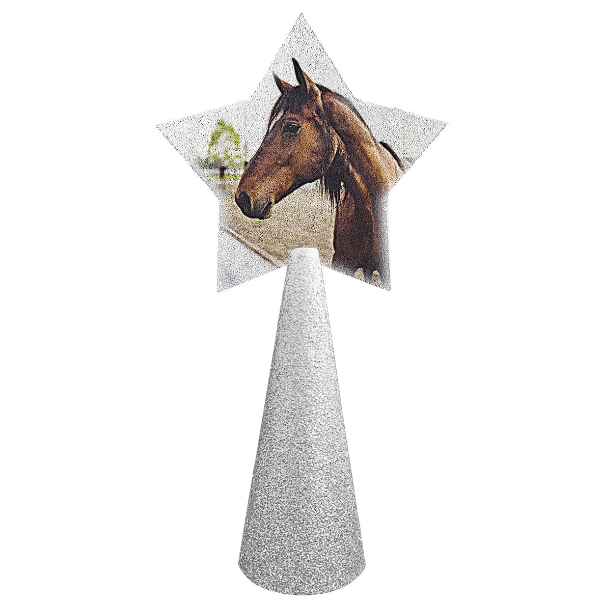 Horse custom christmas tree topper - star photo on silver glitter cone