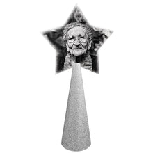 Load image into Gallery viewer, &quot;Nana&quot; black and white photo of smiling old woman on custom christmas tree topper - star photo on silver glitter cone
