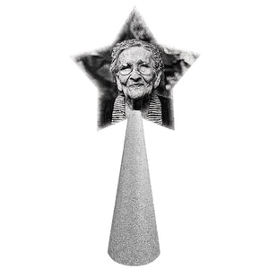"Nana" black and white photo of smiling old woman on custom christmas tree topper - star photo on silver glitter cone