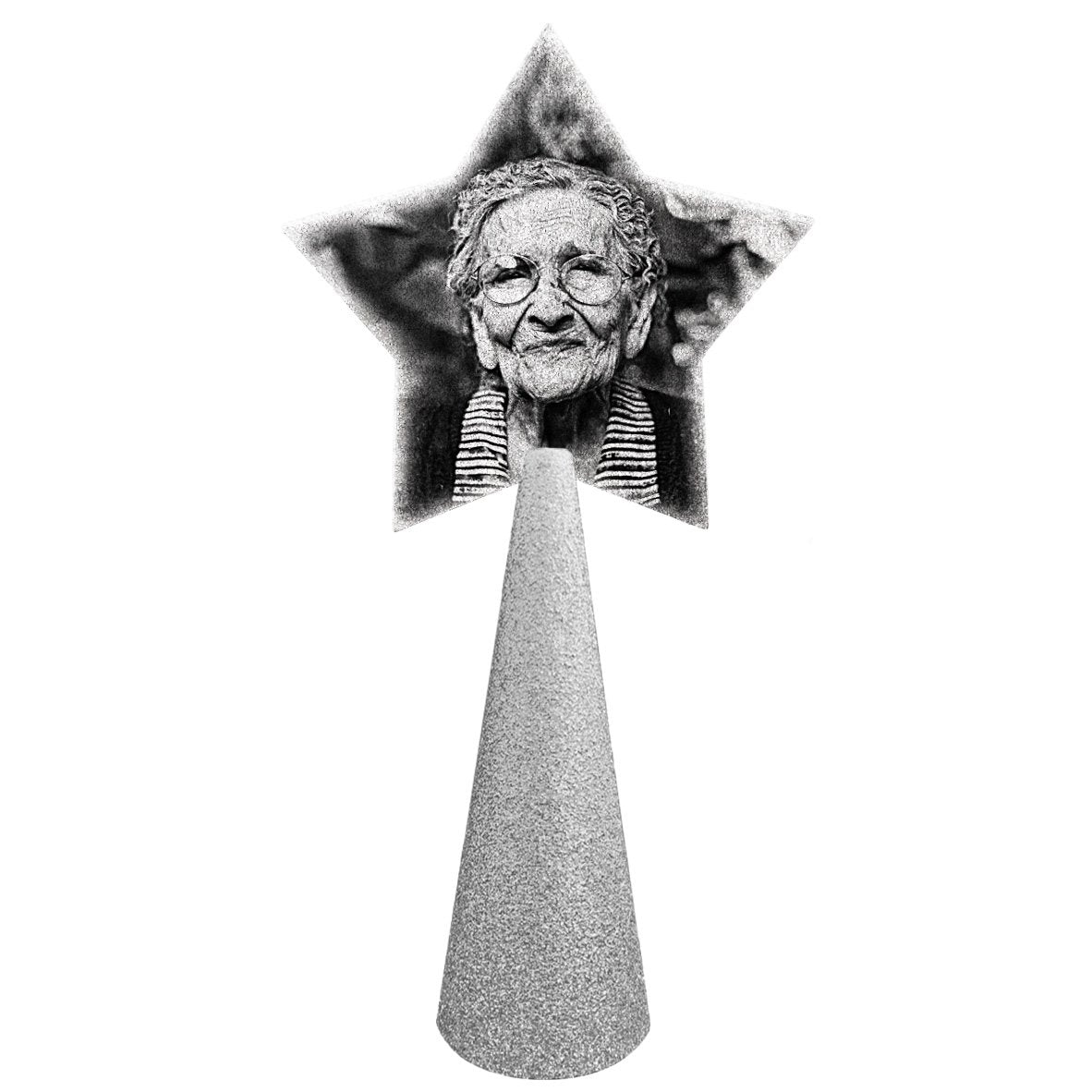 custom tree topper - black and white sample photo of smiling old woman on custom christmas tree topper - star photo on silver glitter cone - double-sided front