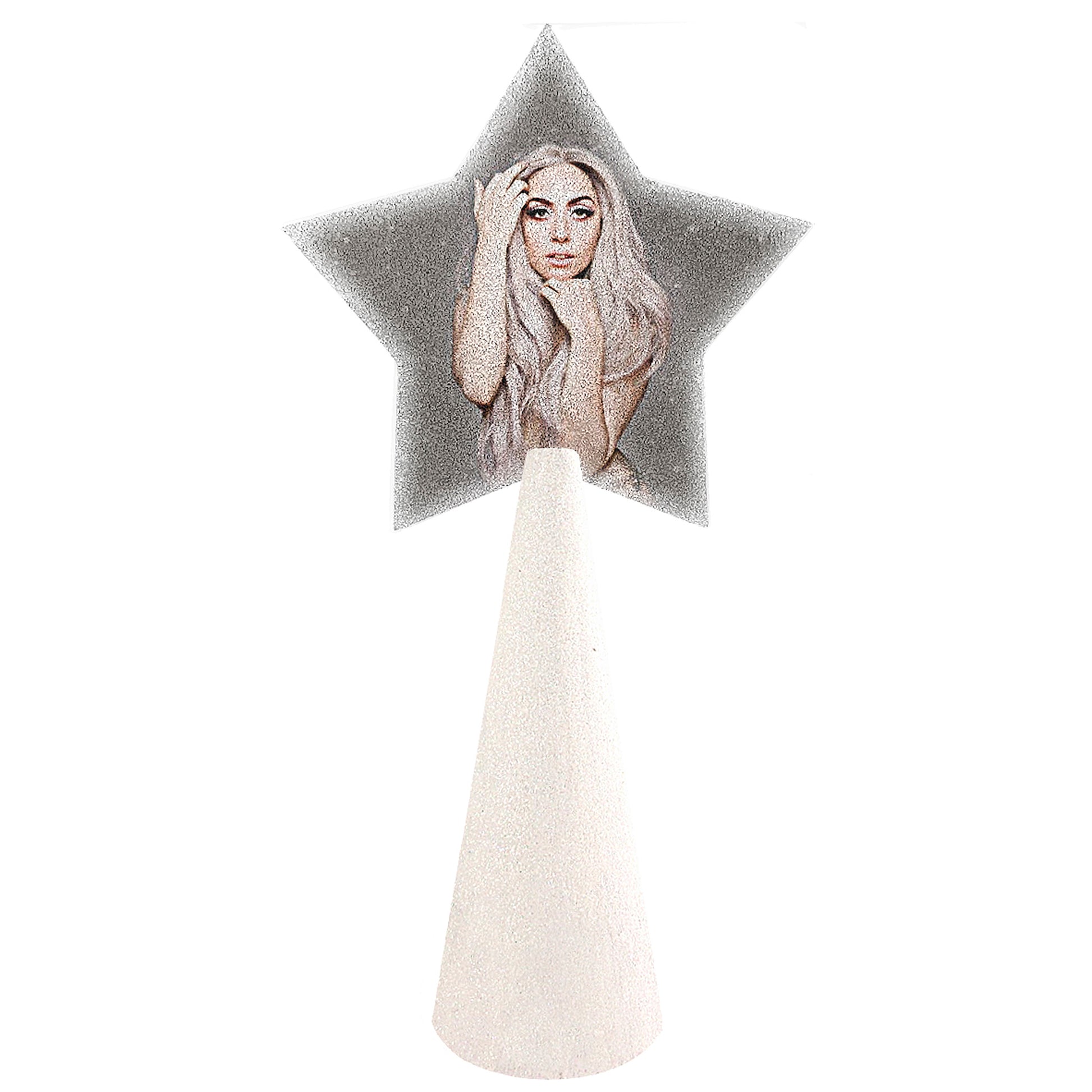 custom sample - christmas tree topper - star photo on warm white glitter cone