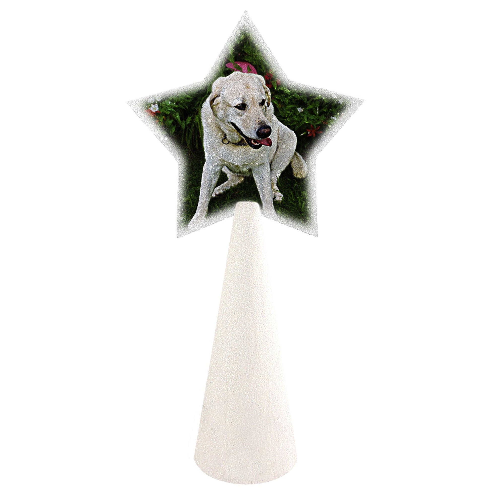 Cute white dog custom christmas tree topper - star photo on warm white glitter cone