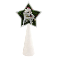 Load image into Gallery viewer, Cute white dog custom christmas tree topper - star photo on warm white glitter cone
