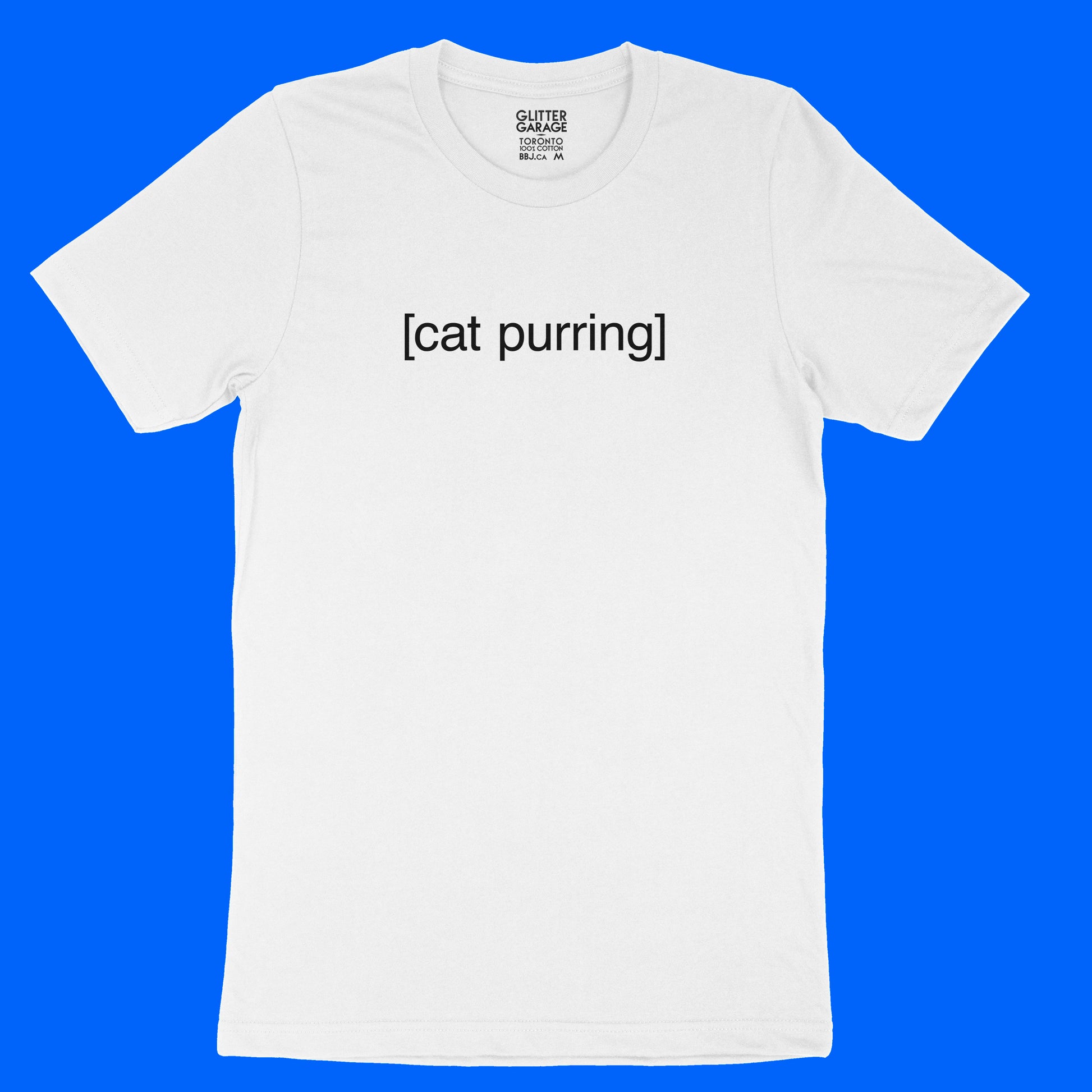 White unisex cotton t-shirt with [cat purring] in black text by BBJ / Glitter Garage